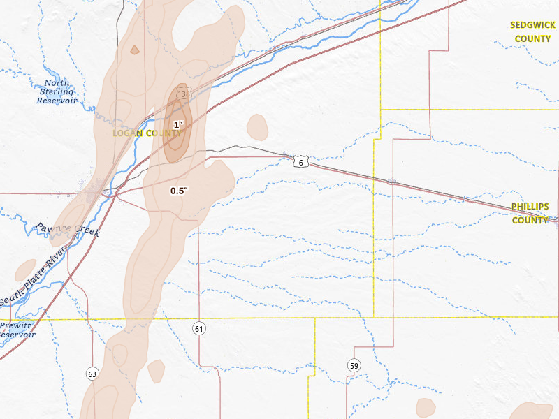 Radar-estimated hail-size map of the storm over Fleming, CO on May 16, 2026