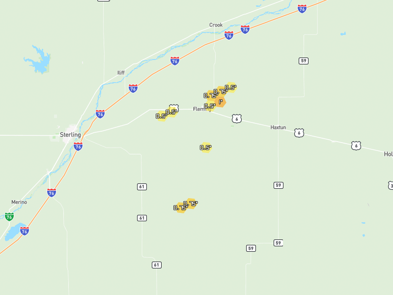 Hail map of Fleming, CO on Jun 9, 2026, hail up to 1"