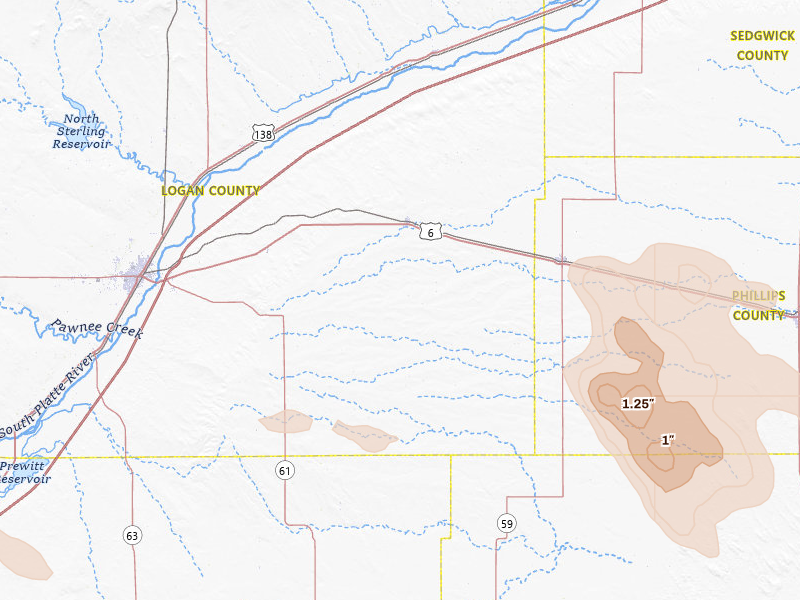 Radar-estimated hail-size map of the storm over Fleming, CO on Jun 23, 2026