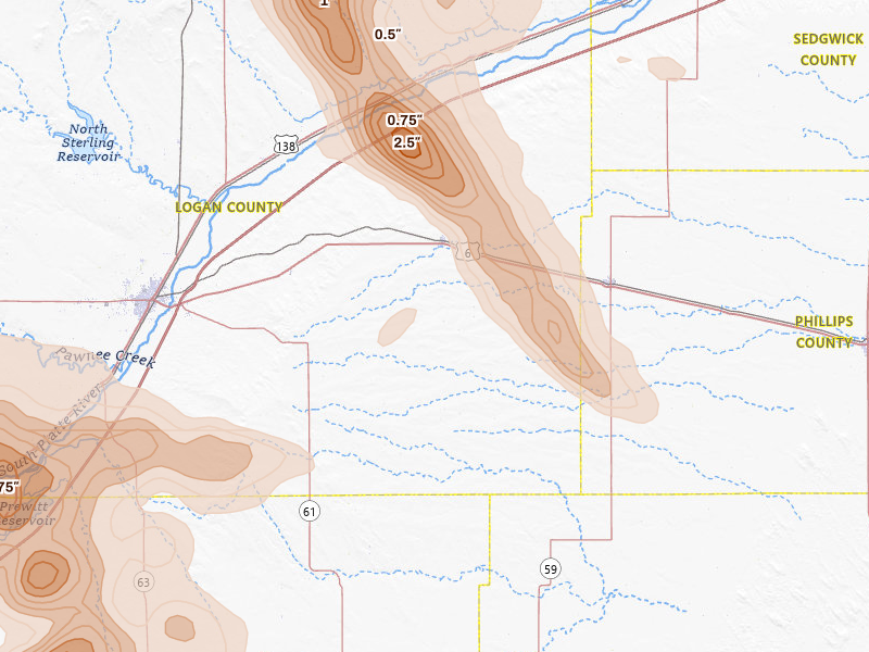 Radar-estimated hail-size map of the storm over Fleming, CO on Jun 24, 2026