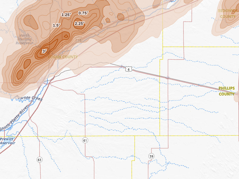 Radar-estimated hail-size map of the storm over Fleming, CO on Jun 30, 2026