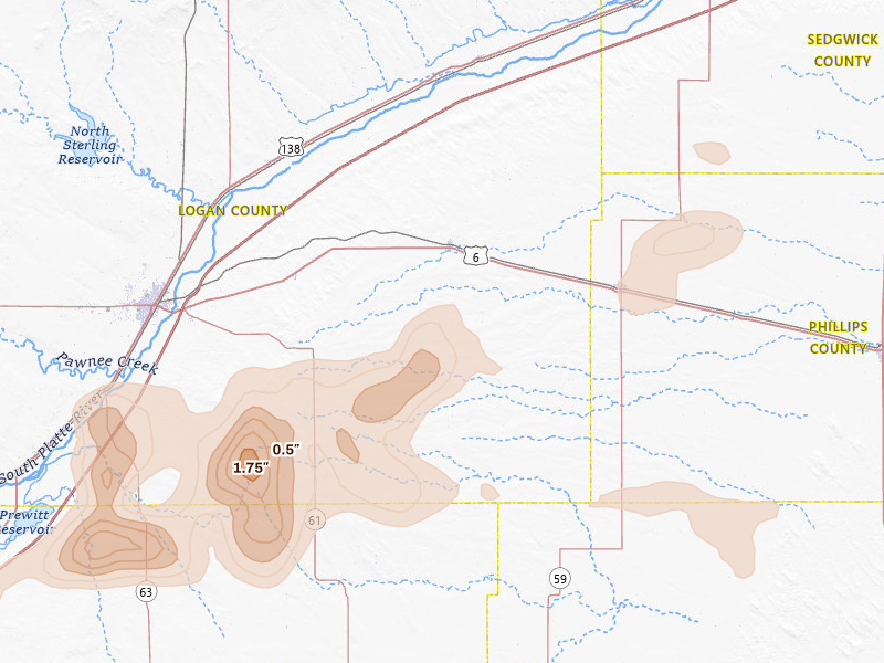 Radar-estimated hail-size map of the storm over Fleming, CO on Jul 3, 2026