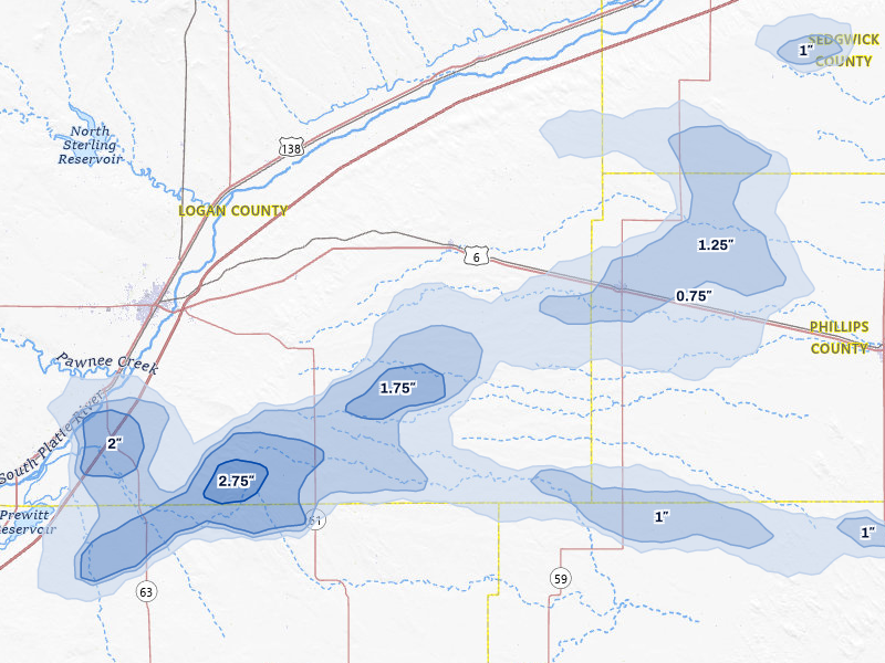 NEXRAD radar-signature map of the hail storm over Fleming, CO on Jul 3, 2026