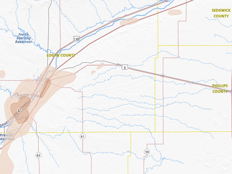 Radar-estimated hail-size map of the storm over Fleming, CO on Jul 22, 2026