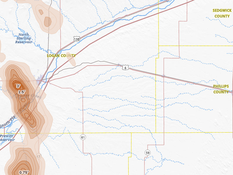 Radar-estimated hail-size map of the storm over Fleming, CO on Jul 28, 2026