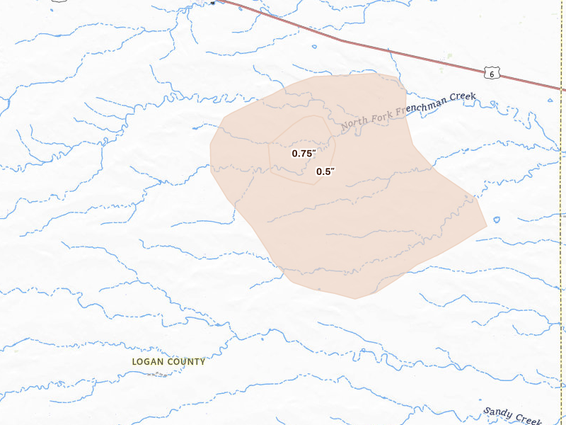 Radar-estimated hail-size map of the storm over Fleming, CO on Aug 10, 2026