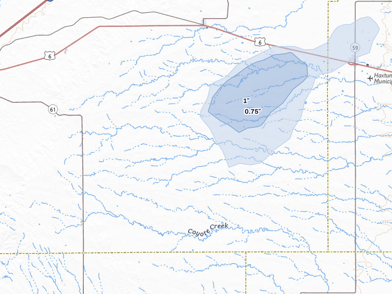 NEXRAD radar-signature map of the hail storm over Fleming, CO on Aug 10, 2026