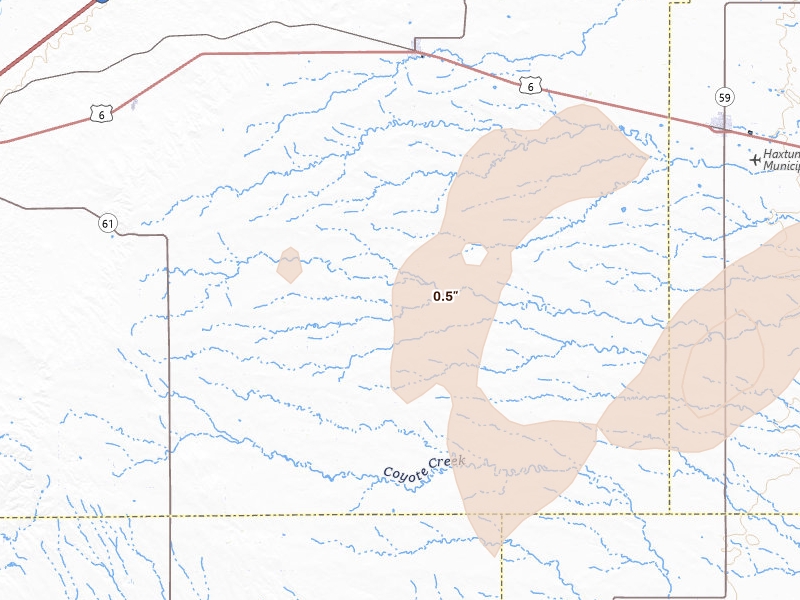 Radar-estimated hail-size map of the storm over Fleming, CO on Aug 12, 2026