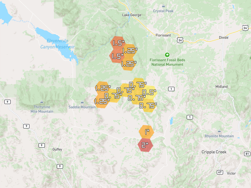Hail map of Florissant, CO on Jun 3, 2026, hail up to 2"