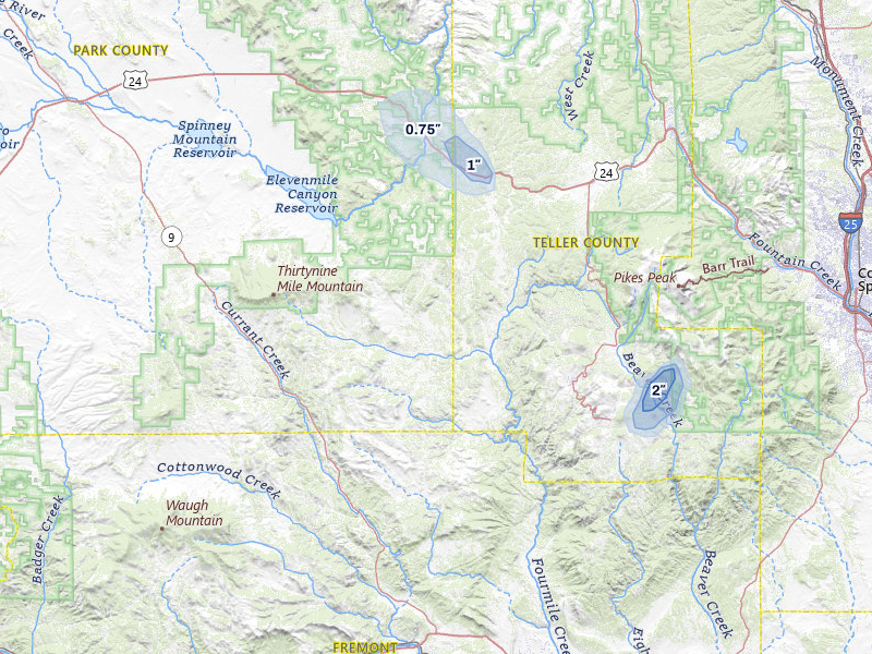NEXRAD radar-signature map of the hail storm over Florissant, CO on Jul 11, 2026