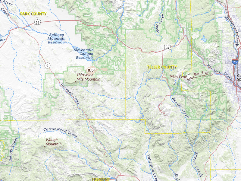 Radar-estimated hail-size map of the storm over Florissant, CO on Jul 15, 2026