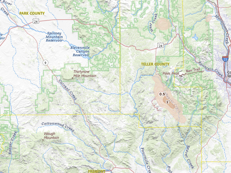 Radar-estimated hail-size map of the storm over Florissant, CO on Jul 28, 2026