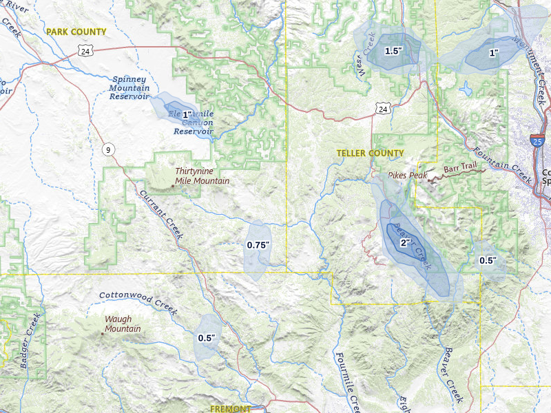 NEXRAD radar-signature map of the hail storm over Florissant, CO on Jul 28, 2026