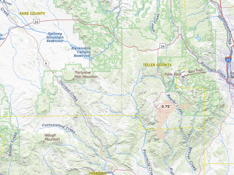 Radar-estimated hail-size map of the storm over Florissant, CO on Jul 29, 2026