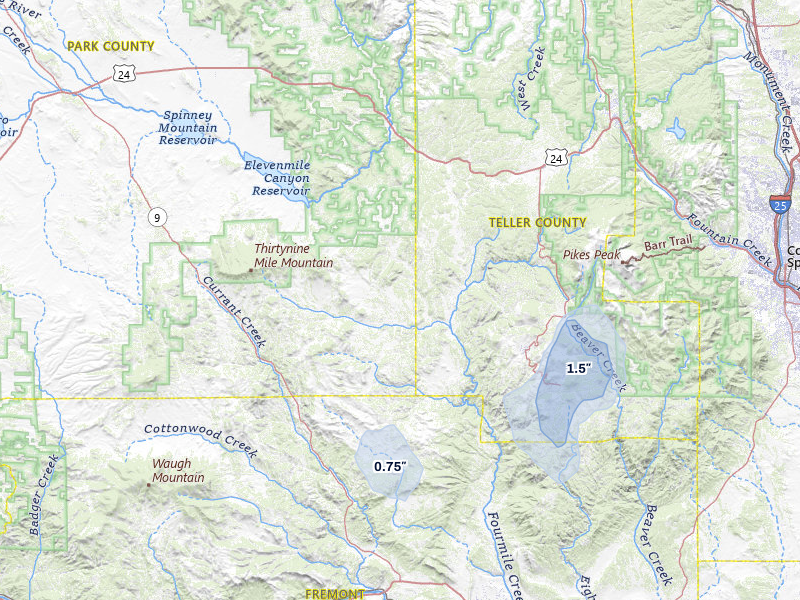 NEXRAD radar-signature map of the hail storm over Florissant, CO on Jul 29, 2026