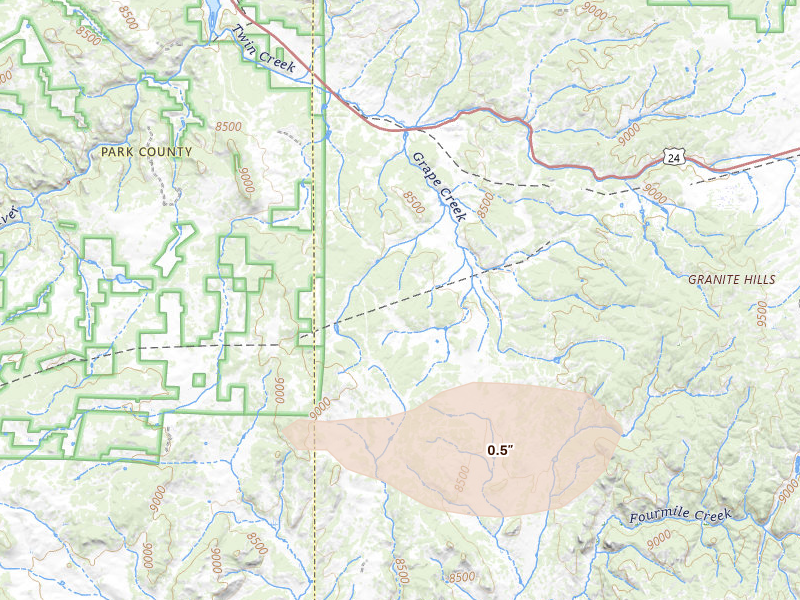 Radar-estimated hail-size map of the storm over Florissant, CO on Aug 16, 2026