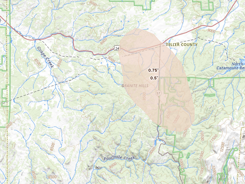 Radar-estimated hail-size map of the storm over Florissant, CO on Aug 22, 2026