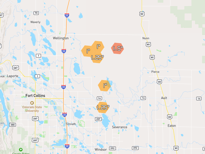 Hail map of Fort Collins, CO on Jul 22, 2026, hail up to 1.5"
