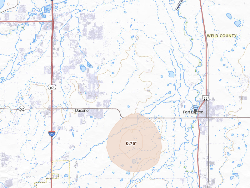 Radar-estimated hail-size map of the storm over Fort Lupton, CO on Jun 3, 2026