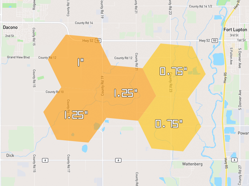 Hail map of Fort Lupton, CO on Jun 3, 2026, hail up to 1.25"