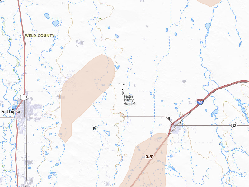 Radar-estimated hail-size map of the storm over Fort Lupton, CO on Aug 14, 2026