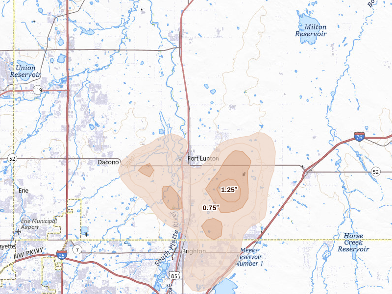 Radar-estimated hail-size map of the storm over Fort Lupton, CO on Aug 22, 2026