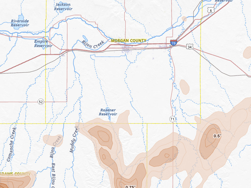 Radar-estimated hail-size map of the storm over Fort Morgan, CO on Jun 1, 2026