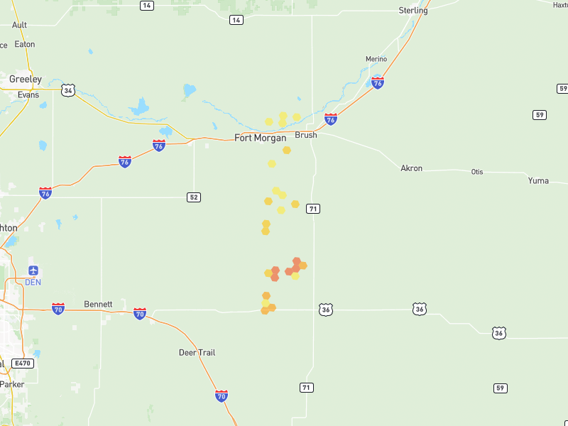 Hail map of Fort Morgan, CO on Jun 1, 2026, hail up to 1.75"