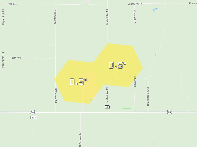 Hail map of Fort Morgan, CO on Jun 2, 2026, hail up to 0.5"