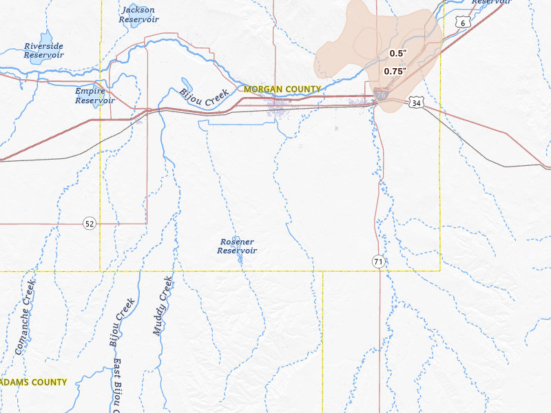 Radar-estimated hail-size map of the storm over Fort Morgan, CO on Jun 6, 2026