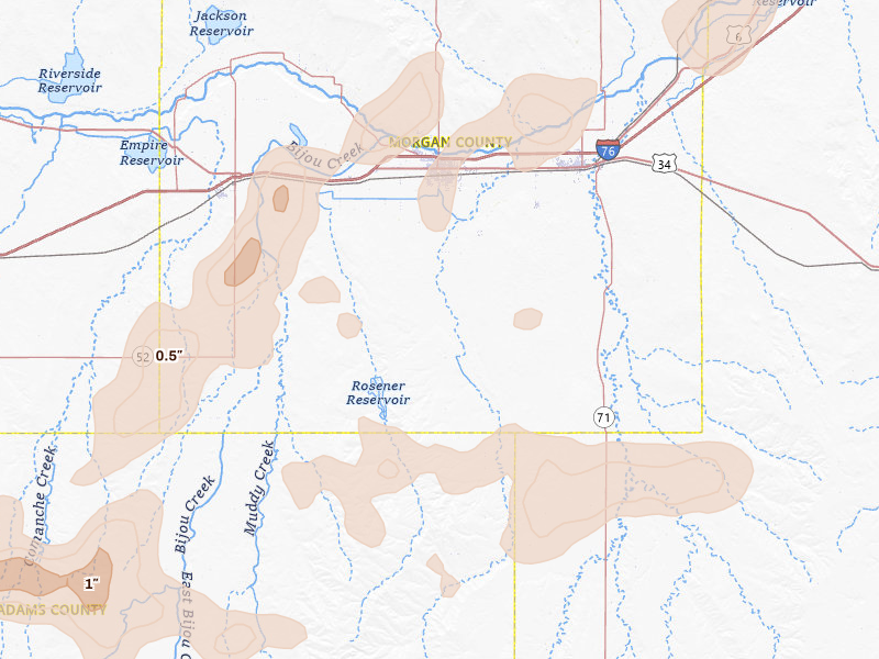 Radar-estimated hail-size map of the storm over Fort Morgan, CO on Jun 8, 2026