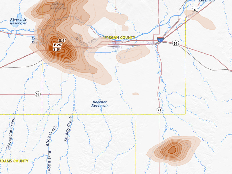 Radar-estimated hail-size map of the storm over Fort Morgan, CO on Jun 23, 2026