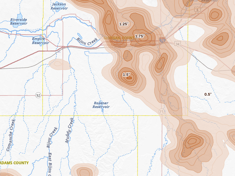 Radar-estimated hail-size map of the storm over Fort Morgan, CO on Jun 24, 2026