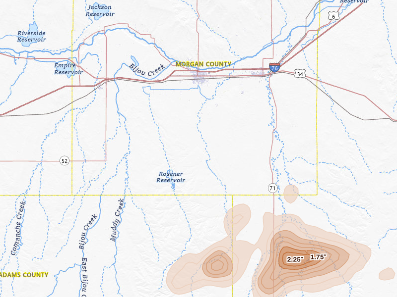 Radar-estimated hail-size map of the storm over Fort Morgan, CO on Jul 2, 2026