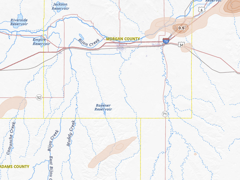 Radar-estimated hail-size map of the storm over Fort Morgan, CO on Jul 3, 2026