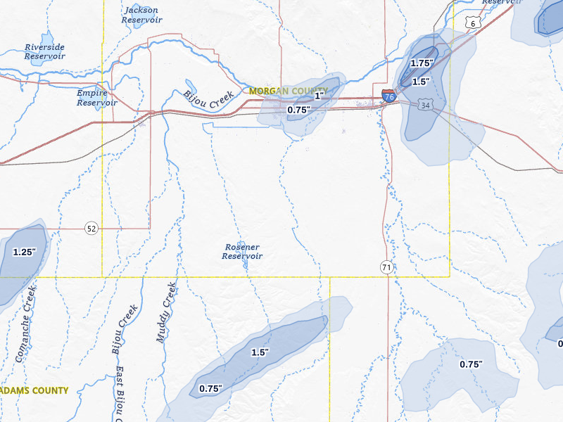 NEXRAD radar-signature map of the hail storm over Fort Morgan, CO on Jul 3, 2026
