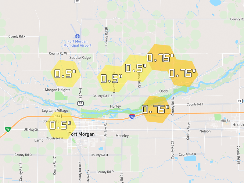 Hail map of Fort Morgan, CO on Jul 3, 2026, hail up to 0.75"