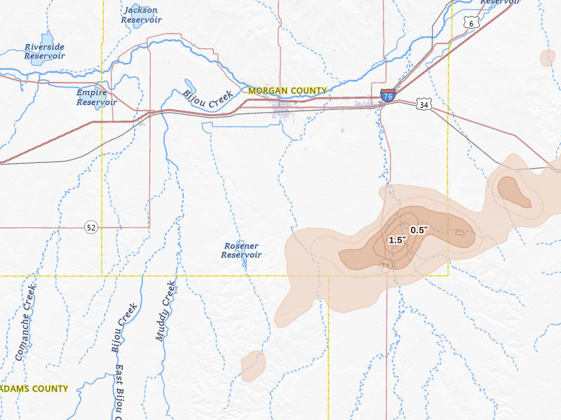 Radar-estimated hail-size map of the storm over Fort Morgan, CO on Jul 9, 2026