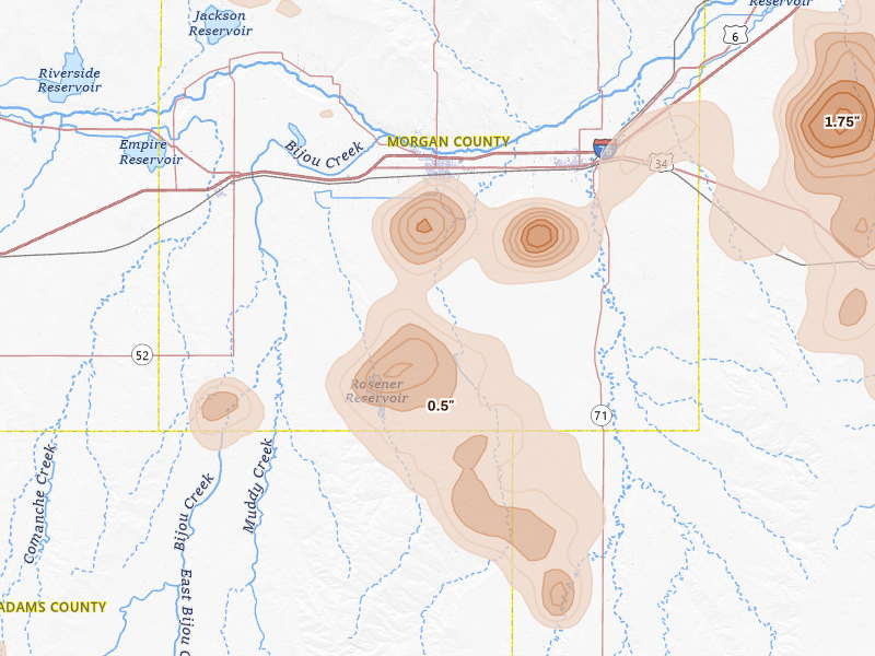 Radar-estimated hail-size map of the storm over Fort Morgan, CO on Jul 28, 2026