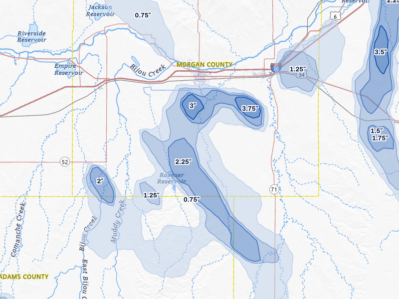 NEXRAD radar-signature map of the hail storm over Fort Morgan, CO on Jul 28, 2026