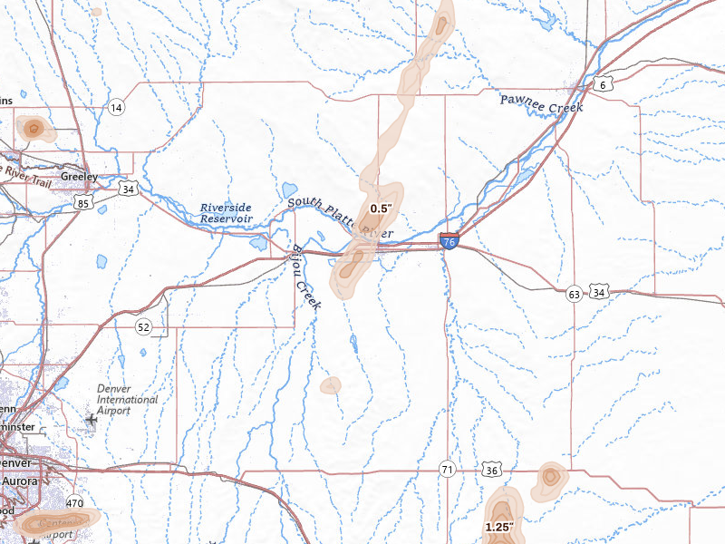 Radar-estimated hail-size map of the storm over Fort Morgan, CO on Aug 13, 2026