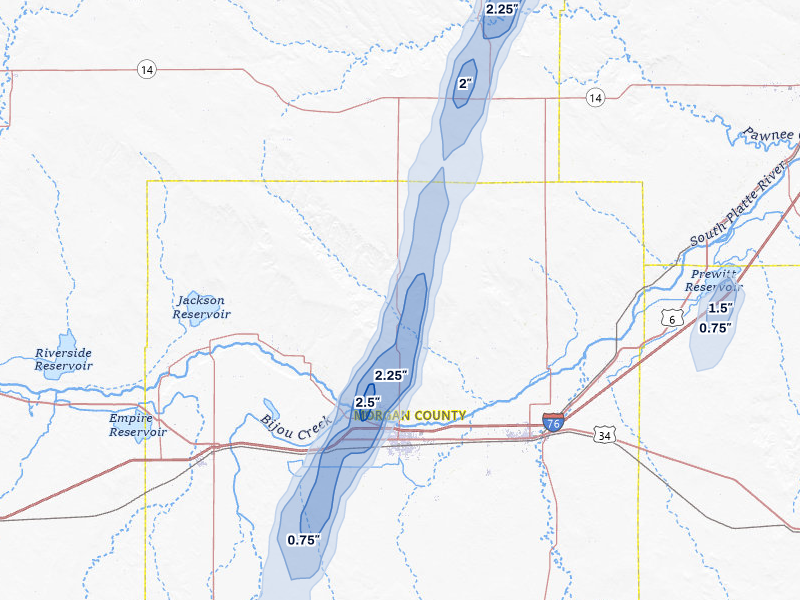 NEXRAD radar-signature map of the hail storm over Fort Morgan, CO on Aug 13, 2026