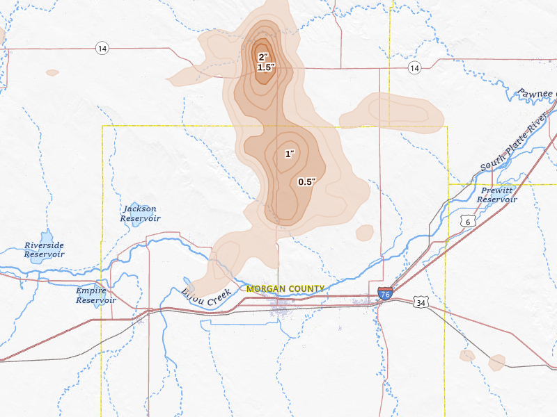 Radar-estimated hail-size map of the storm over Fort Morgan, CO on Aug 16, 2026