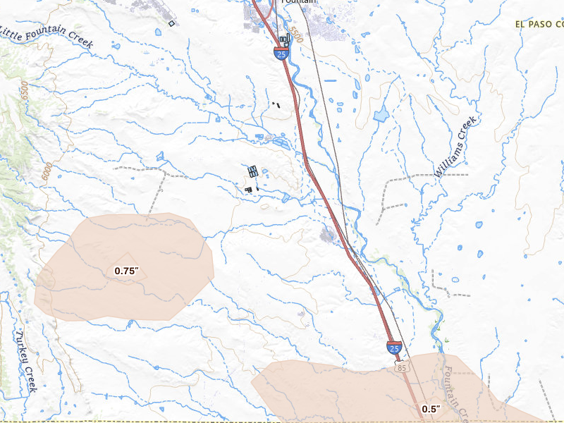 Radar-estimated hail-size map of the storm over Fountain, CO on Jun 26, 2026
