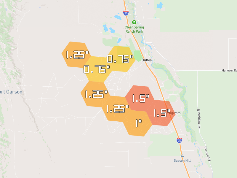 Hail map of Fountain, CO on Jun 26, 2026, hail up to 1.5"