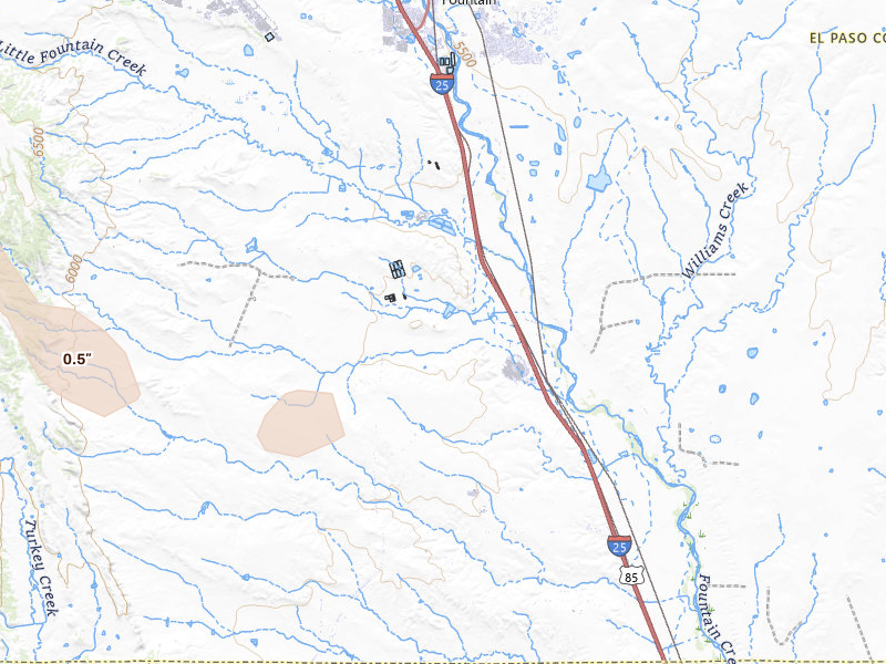 Radar-estimated hail-size map of the storm over Fountain, CO on Jul 31, 2026