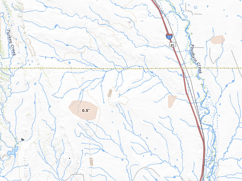 Radar-estimated hail-size map of the storm over Fountain, CO on Aug 16, 2026