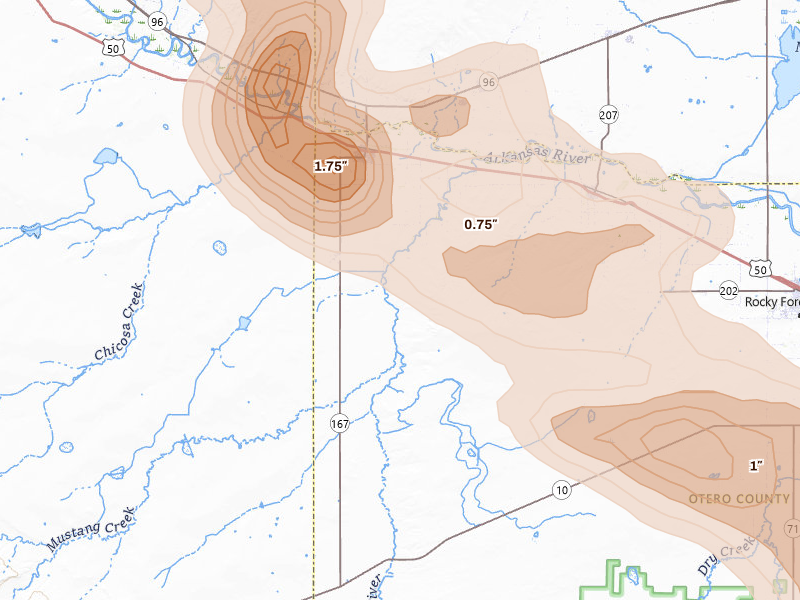 Radar-estimated hail-size map of the storm over Fowler, CO on Jun 22, 2026