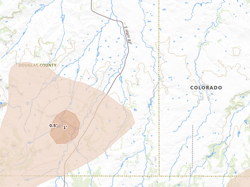 Radar-estimated hail-size map of the storm over Franktown, CO on Jun 1, 2026