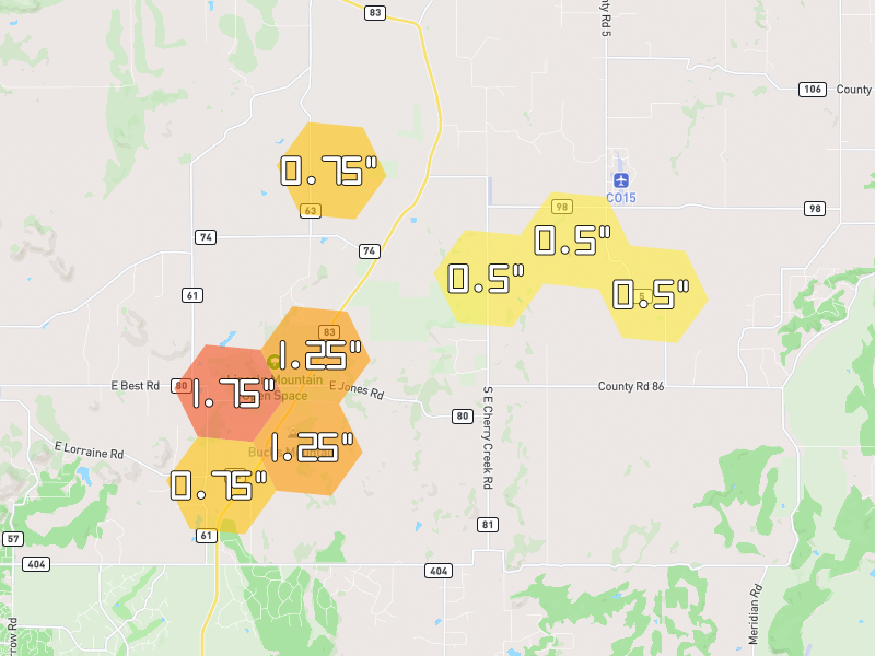 Hail map of Franktown, CO on Jun 1, 2026, hail up to 1.75"